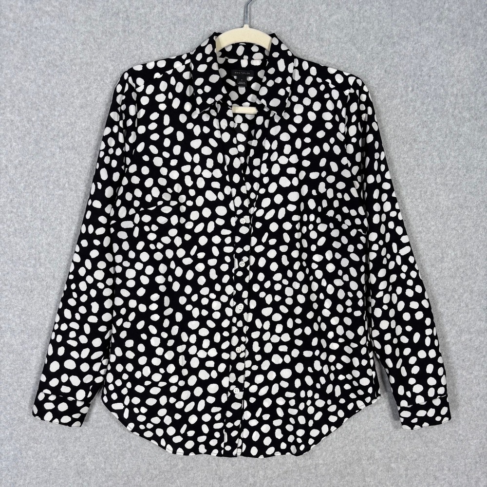 Ann Taylor Button Up Blouse Small Abstract Polka Dot Artsy Maximalist Career